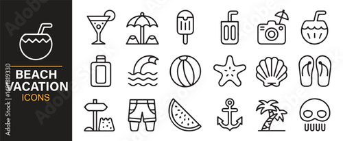 Collection of beach vacation themed icons