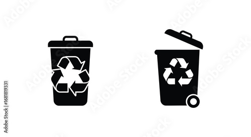 Black and white recycling bins with recycling symbols on them side by side silhouette