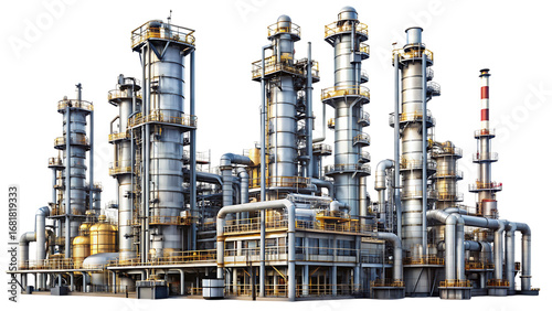 Large scale oil refinery complex featuring tall distillation towers and extensive piping systems on a black background isolated on a transparent background