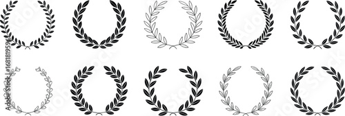 Laurel wreath illustration set, black and outline vector graphics, achievement symbol pack, botanical design elements, award icon clipart collection