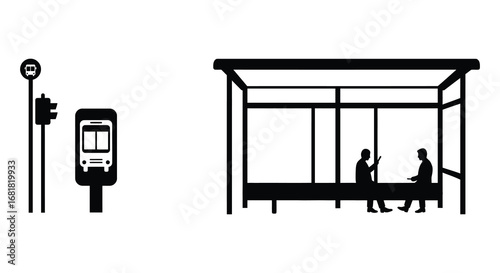 Black and white illustration of people waiting at a bus stop shelter silhouette