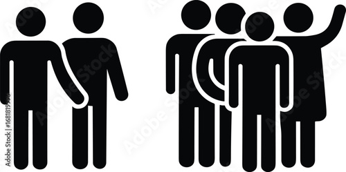 People silhouette icons, friendship and group interaction, black vector illustration, social connection, community support, teamwork, communication, isolated design elements