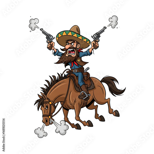 Illustration of angry cartoon cowboy with a mustache and sombrero firing two pistols on a horse, isolated on transparent background