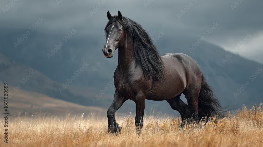 Fototapeta premium Majestic black horse strides gracefully through golden grassland under dramatic stormy skies