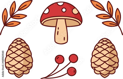 Autumn Forest and Nature Doodle Vector Set with Trees, Mushrooms, and Woodland Elements