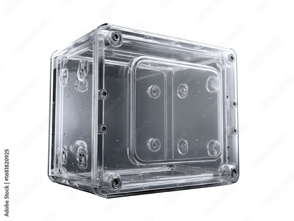 Fototapeta premium Transparent, cube-shaped enclosure with visible mounting points