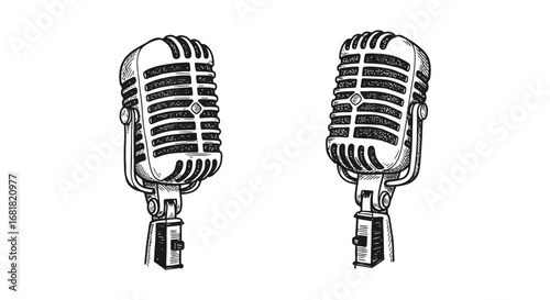 Vintage microphones side by side on a white background illustration silhouette