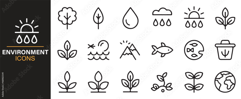 Fototapeta premium Collection of environmental icons for sustainable design and ecology themes