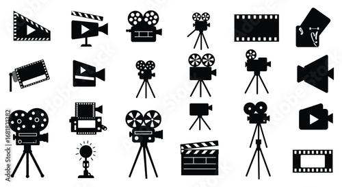 Collection of film and video production icons and equipment on white background silhouette