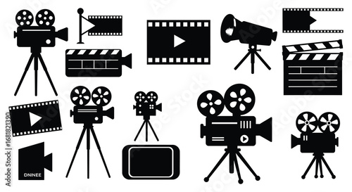 Film and video production icons and equipment on white background silhouette