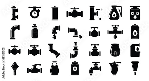 Collection of various faucet and valve icons in black silhouette on white background