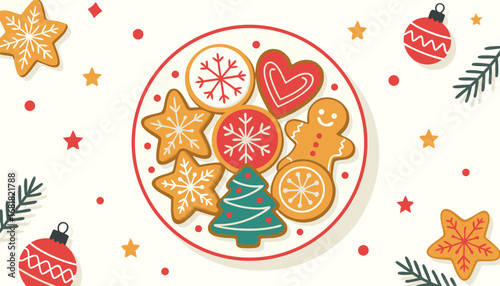 Colorful decorated cookies on plate for Christmas celebration  