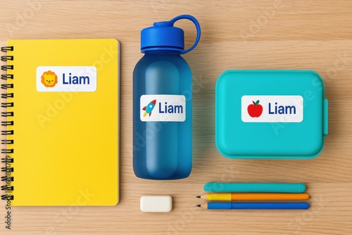 Colorful Study Supplies Featuring Personalized Labels for Organization and Easy Identification of Items for Students and Young Learners
