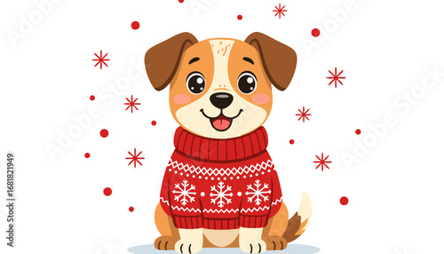 Cute cartoon dog wearing a red sweater with snowflakes on background  