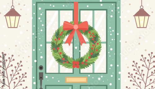 Christmas wreath hanging on green door with snowy background  