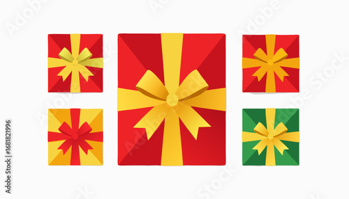 Colorful gift boxes with red and green wrapping and yellow bows  