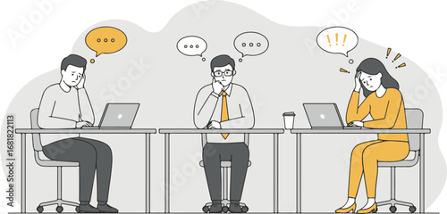 Office Workers Feeling Stressed and Overwhelmed at Their Desks Using Laptops with Thought Bubbles