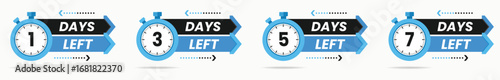 Blue countdown stopwatch collection one three five seven days left vector illustration design for urgent reminder business deadline limited time offer event promotion sale marketing banner
