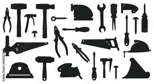 Collection of various black construction and hand tools on white background silhouette