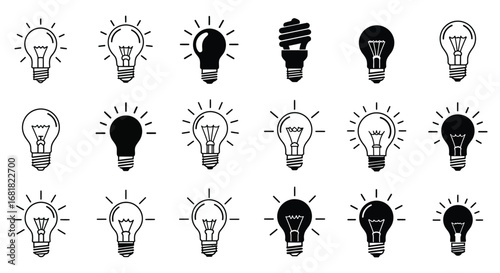 Collection of various light bulb icons in different styles and states silhouette