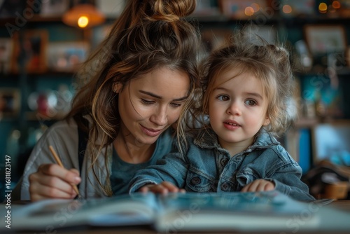Mother and daughter engage in creative activity at home in cozy atmosphere during afternoon light