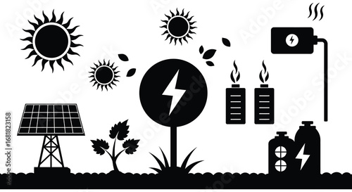 Renewable energy sources and power generation with solar panels and batteries silhouette