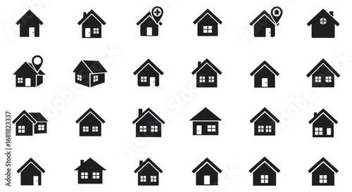 Collection of various simple black house icons on white background silhouette