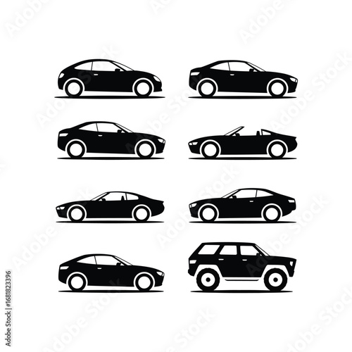 Diverse Car Silhouette: A sleek collection of black car silhouettes, each presenting a unique model and style, offering a comprehensive overview of automotive design variations.