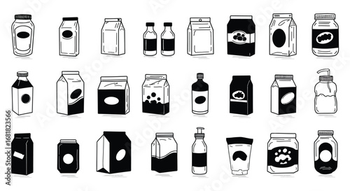 Collection of various milk and dairy product packaging illustrations silhouette