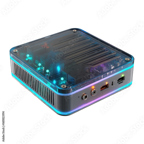 Transparent, square mini-computer with glowing components and ports