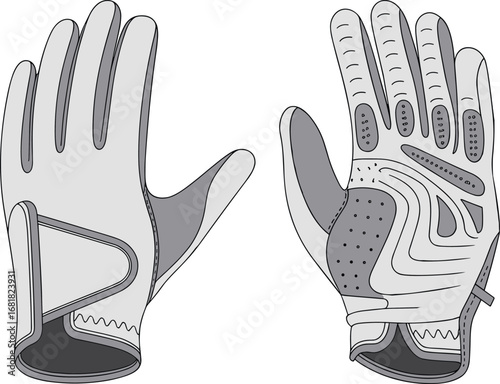 Sport gloves illustration, palm and back view vector, breathable grip design, protective handwear icon, athletic gear clipart, outdoor glove template