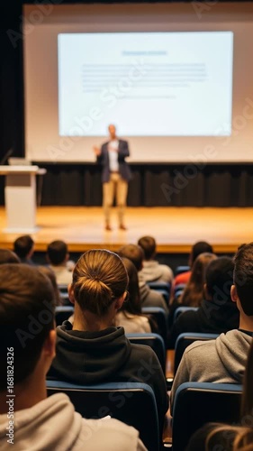 Back View of a Male Speaker Giving a Presentation to an Audience at University