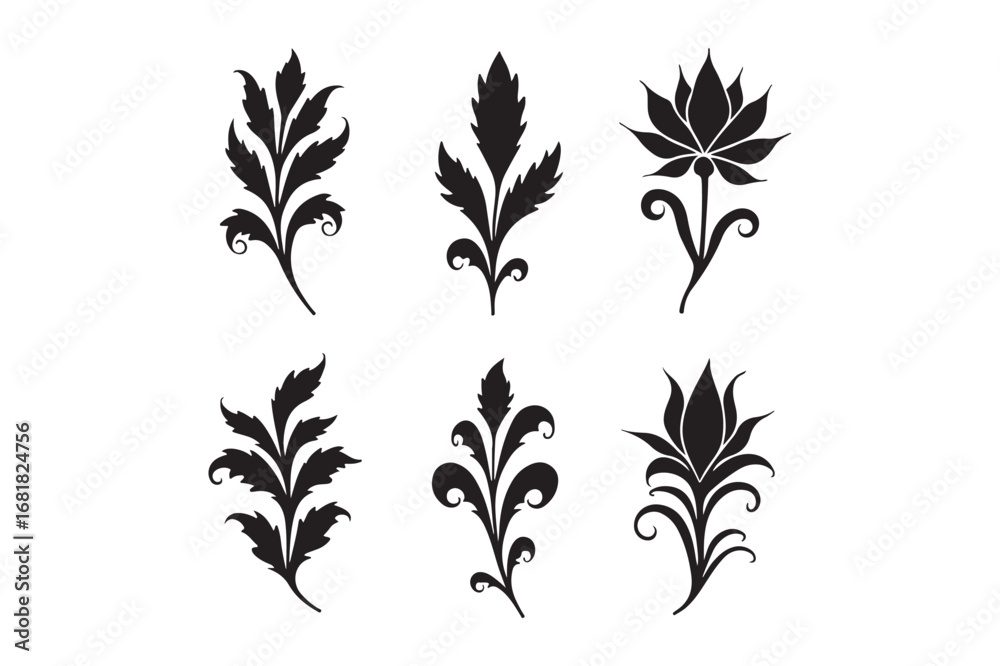 Fototapeta premium Six black silhouette floral ornaments botanical designs