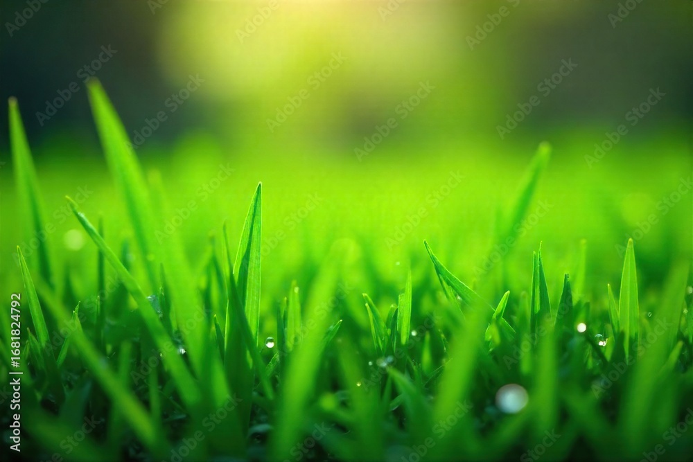 Fototapeta premium Long blades of vibrant green grass glistening with morning dew after a refreshing rain shower Perfect for weather, nature, and environmental themes , texture, lush, plant