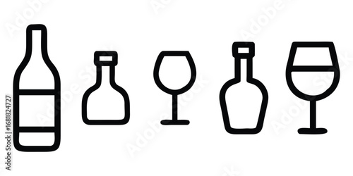 A collection of various wine bottles and glasses, some transparent, set against a black background