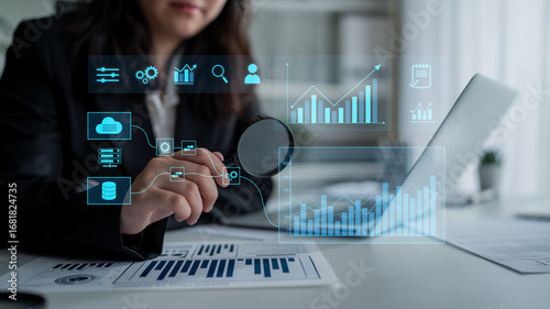 Fotografi Data flow from database and cloud to processing and analytics dashboards, repres