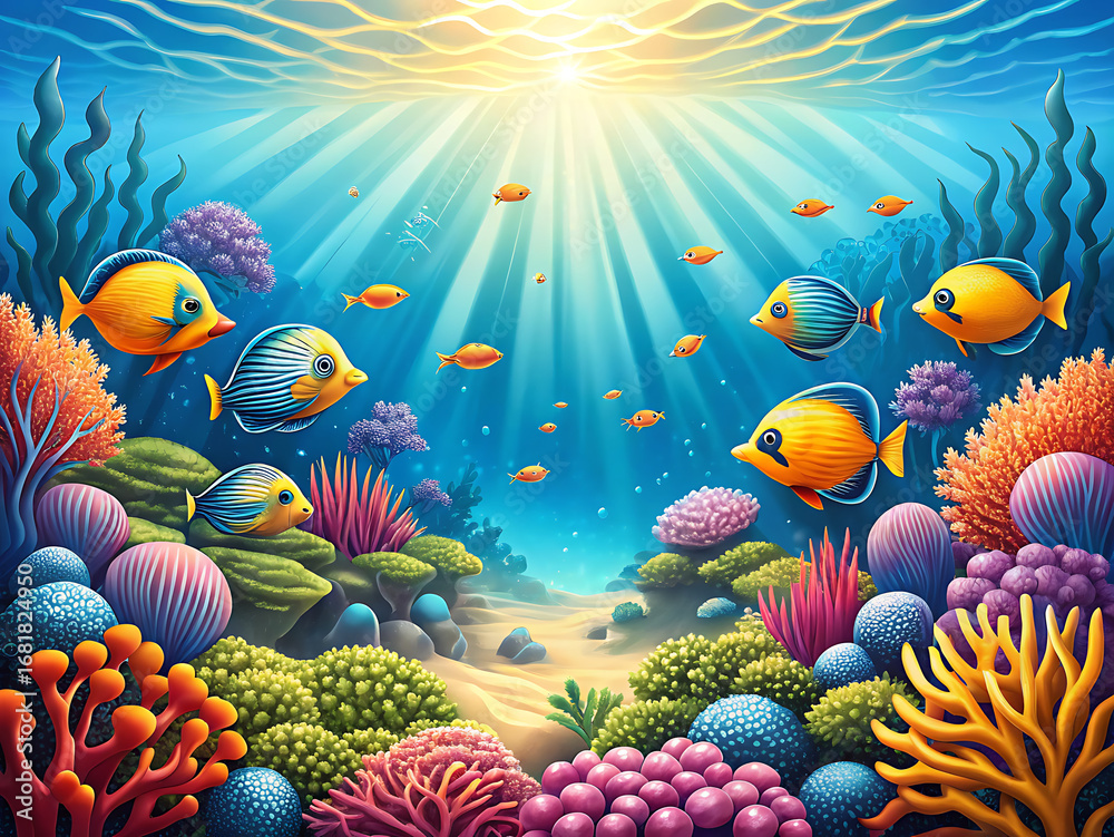 Fototapeta premium Vibrant Coral Reef, Underwater Scene, Colorful Fish