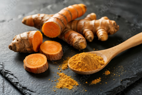 turmeric powder healthy spice food closeup concept turmeric roots sliced wooden bailer rustic dark grey kitchen board azafrán en polvo especia saludable primer plano curcuma zerdecal