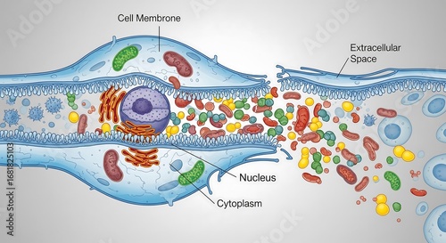 Scientific illustration depicting the process of cytolysis, showing a ruptured cell membrane releasing its internal organelles and nucleus into the extracellular space