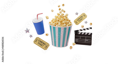 Popcorn, soda, movie tickets and clapperboard isolated on transparent background