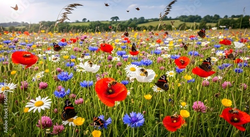 Vibrant wildflower field with red poppies, daisies, purple, yellow blooms. Bees & butterflies flit amidst greenery under a sunny blue sky. AI Generated