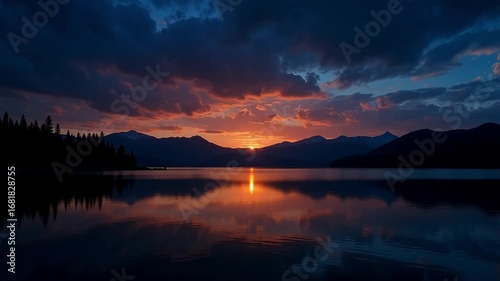 Dramatic sunset over a serene lake with fiery reflections and dark, moody clouds.