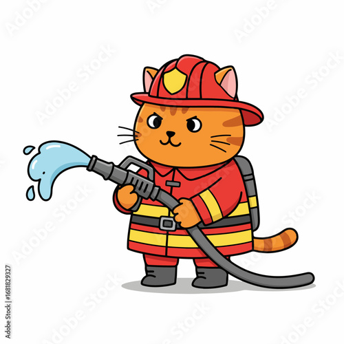 Cute cartoon cat firefighter bravely sprays water with hose, ready for action