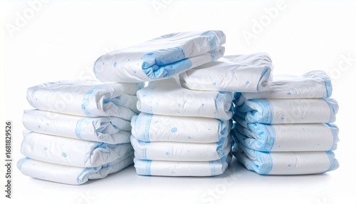 Stack of white disposable diapers with light blue accents—arranged in three neat rows on clean white background