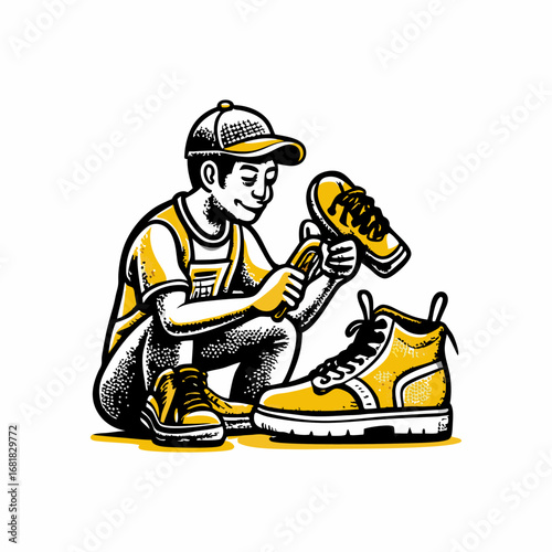 Hand drawn a person does custom sneakers image. Flat image isolated on white background. Vector illustration.