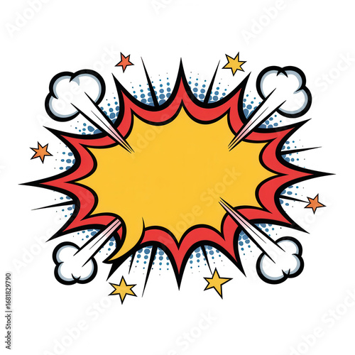 Comic book style speech bubble with stars and smoke effects explosion graphic transparent background