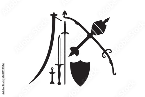 Collection of medieval weapons and shield silhouette