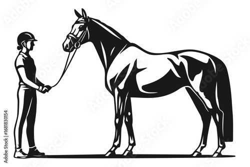 Black and white illustration of person in helmet holding horse by reins 