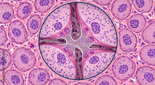 High-magnification micrograph of an osteocyte within its lacuna, illustrating bone cell structure against surrounding cartilage tissue