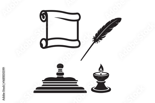 Vintage writing tools and candle illustration
